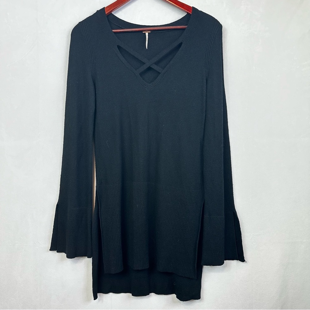 Free People Tunic Long Sleeve Lace Up Sweater Knit Linen Boho Flare Black Long